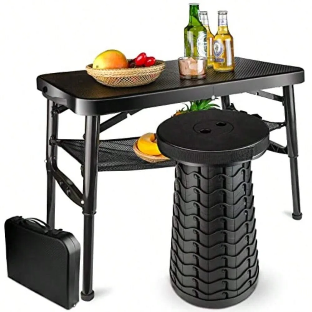 Portable Folding Table and Stool Set Lightweight Collapsible Camping Picnic Beach Fishing Hiking BBQ Outdoor Dining Table with Mesh Storage Shelf Aluminum Alloy Top Adjustable Height Heavy Duty Cup Holder Carry Bag Included