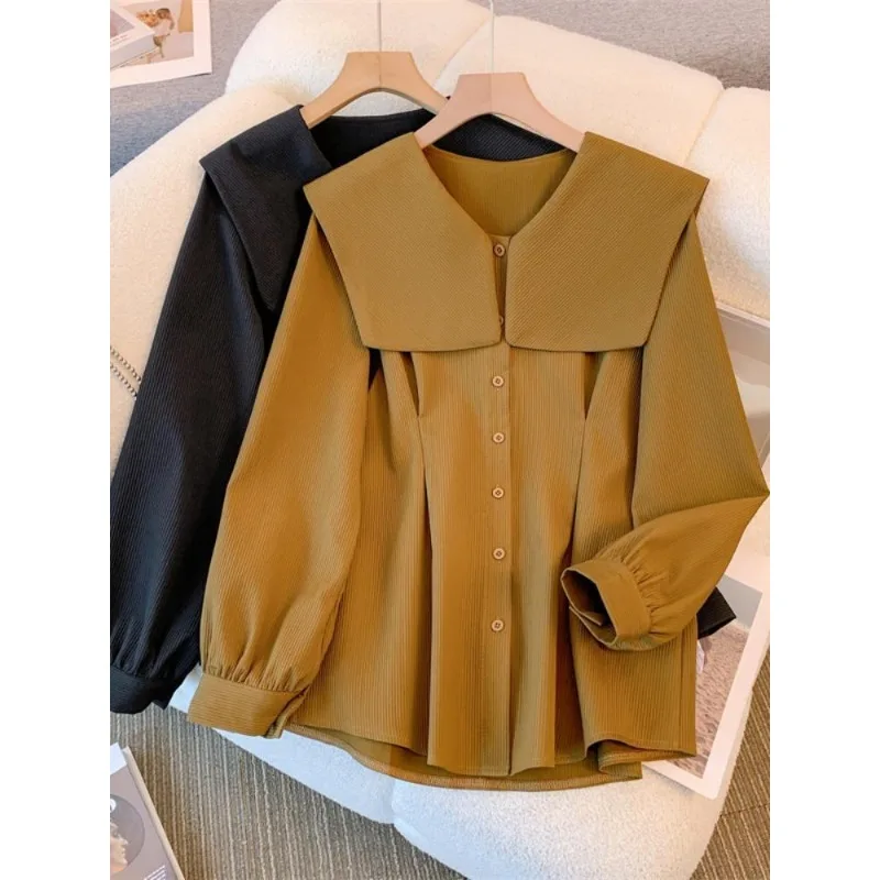 

Модная весенняя рубашка с кукольным воротником в стиле ретро, однотонная, универсальный, уменьшающий возраст дизайн для женщин