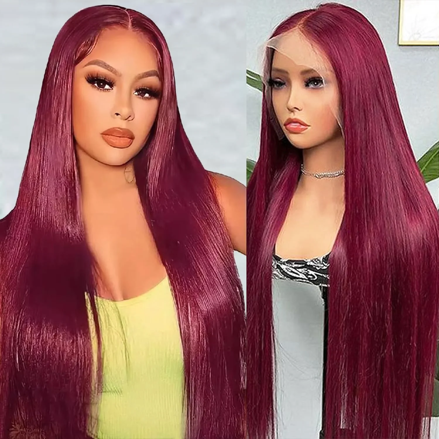 

Straight 13×4 Lace Front Wigs Human Hair Burgundy Pre Plucked Red Color 220 Density Transparent Lace Frontal Wigs For Women 99J