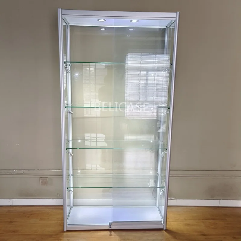 Benutzer definierte, hochwertige Aluminium rahmen Glaswand Vitrine abschließbare Schiebetüren Design Glas Display Vitrine mit LED-Licht