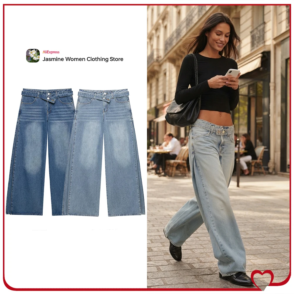 New in Stylish Mid-rise Belted Jeans for Women Loose Wide Leg Jeans with Pockets and Side Pleats Elegant Chic Denim Baggy Pants