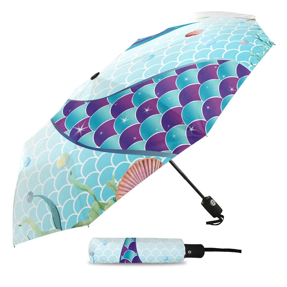 Mermaid Ocean Coral Shell Fully-automatic Umbrella for Outdoor Kids Adults Printed Umbrella Foldable Eight Strand Umbrella