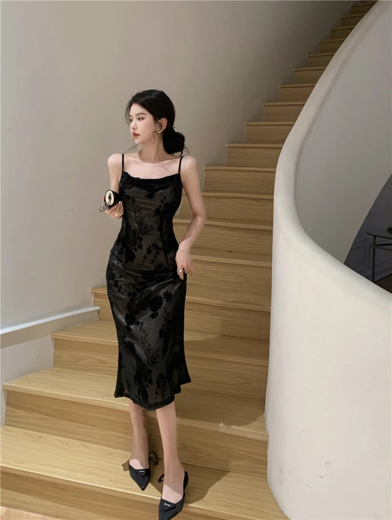 Lace Black Elegant Women Dress Vintage Strap Embroidery Floral Mermaid Midi Club Gown Robe Femme Ropa Sexy Mujer Verano Vestidos