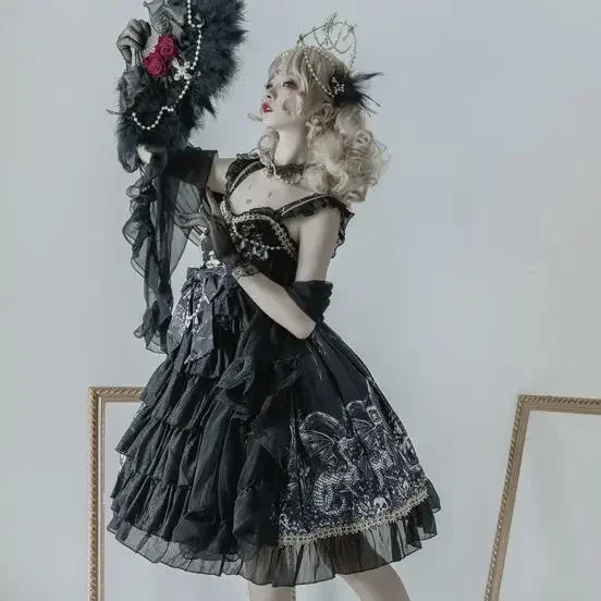 Japoński Goth czarny pończoch księżniczka sukienka Lolita Vintage kobiety Gothic drukuj frezowanie Slevelesss Backless JSK wróżka sukienki