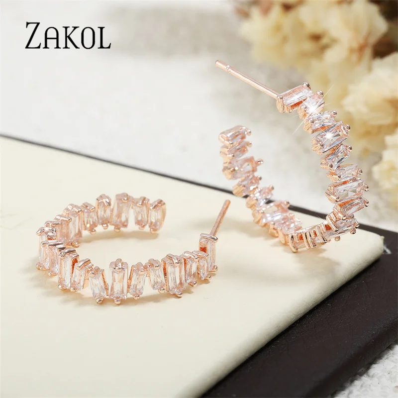 ZAKOL Trendy Black Cubic Zirconia Hoop Earrings for Women White Circle Earrings Korean Fashion Bridal Wedding Jewelry