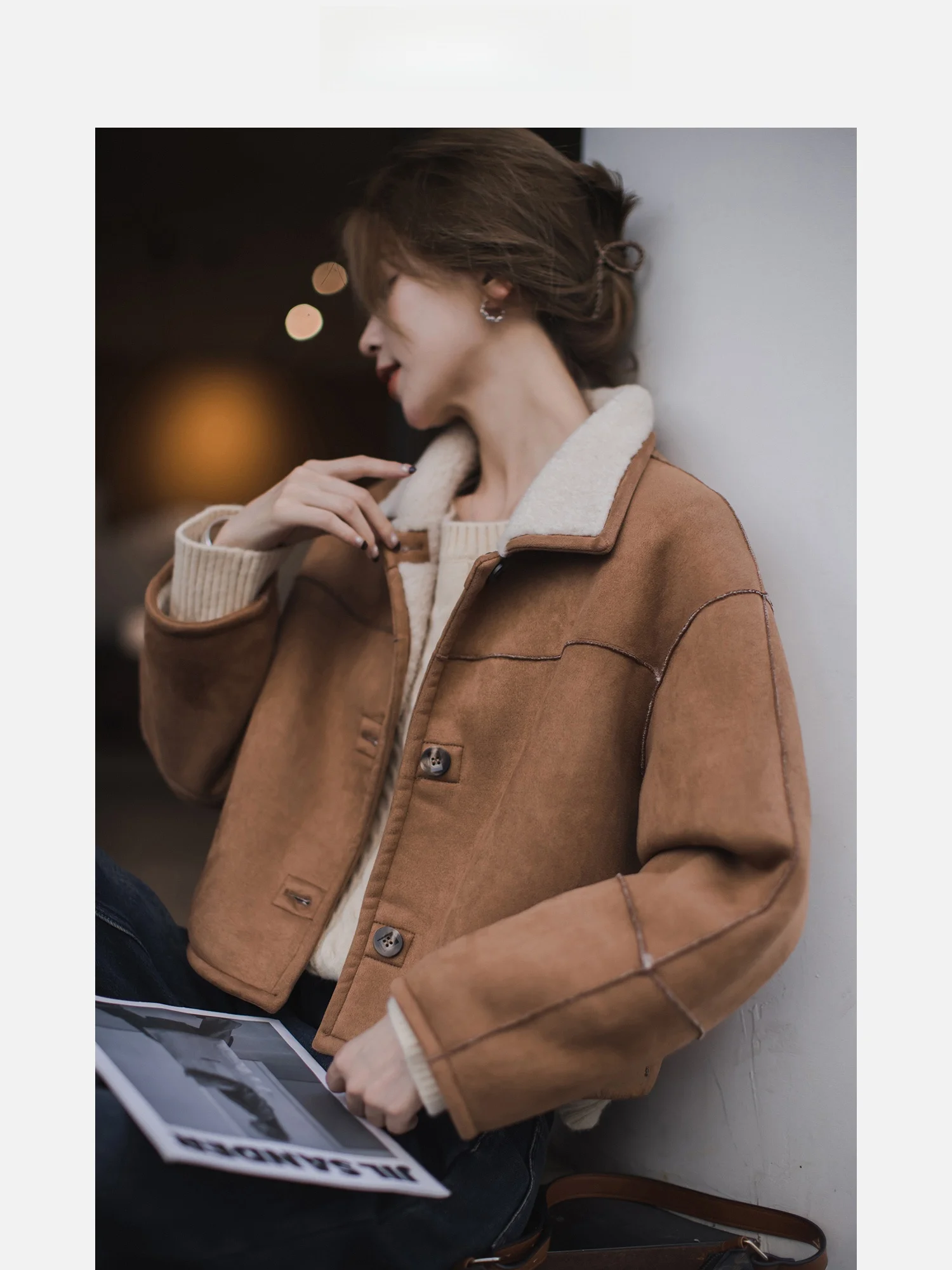 

Double-Sided Double-Wear Loose Women's Deer Faux Fur Jaet American Sle Warm Polyester Fiber ort Coat Flip Collar Tee ...