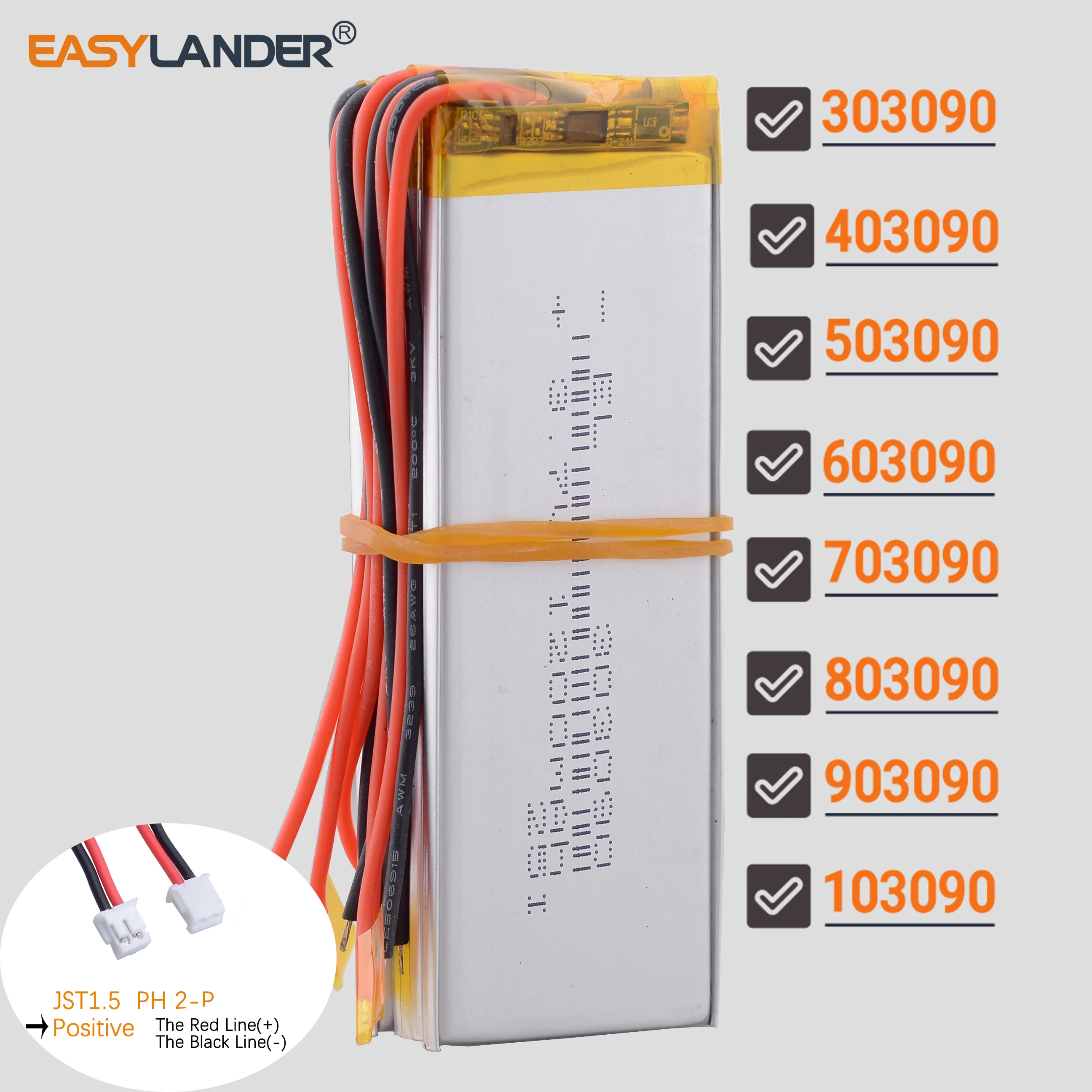 JST1.5mm 2ピン 3.7V 303090 403090 503090 603090 703090 903090 902990 3000mAh 充電式リチウムイオンポリマー電池