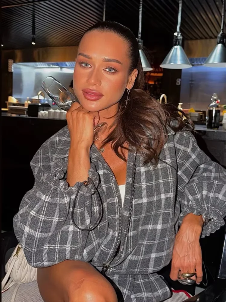 Women Casual Plaid Shorts Set Fashion Lapel Long Sleeve Zipper Jacket Short Pants Suit Lady Spring Daily Loose Outfits 2026