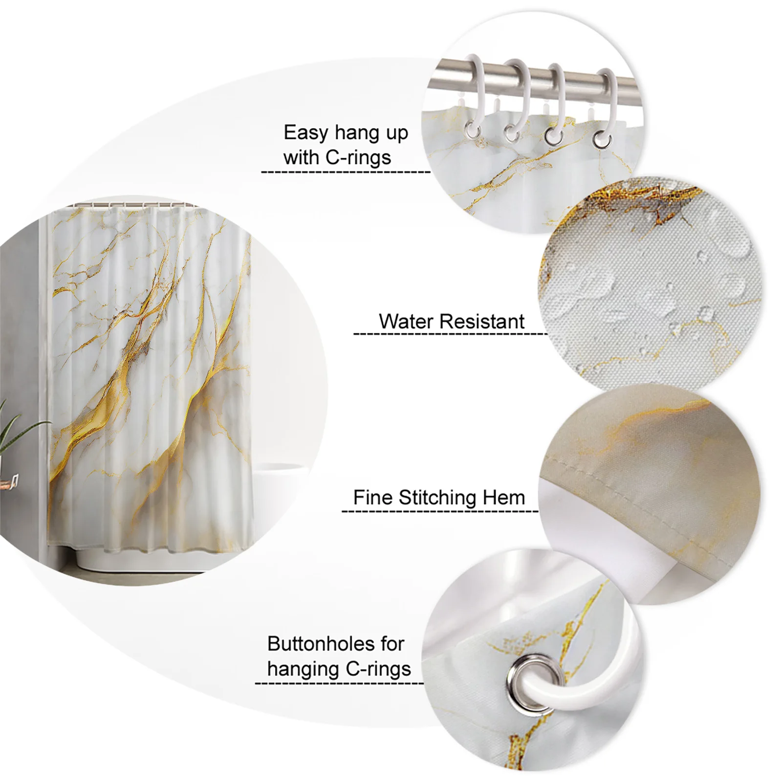 Marble Texture White Shower Curtain Set Non-Slip Rugs Bath Mat Toilet Lid Cover Waterproof Polyester Bathroom Curtain