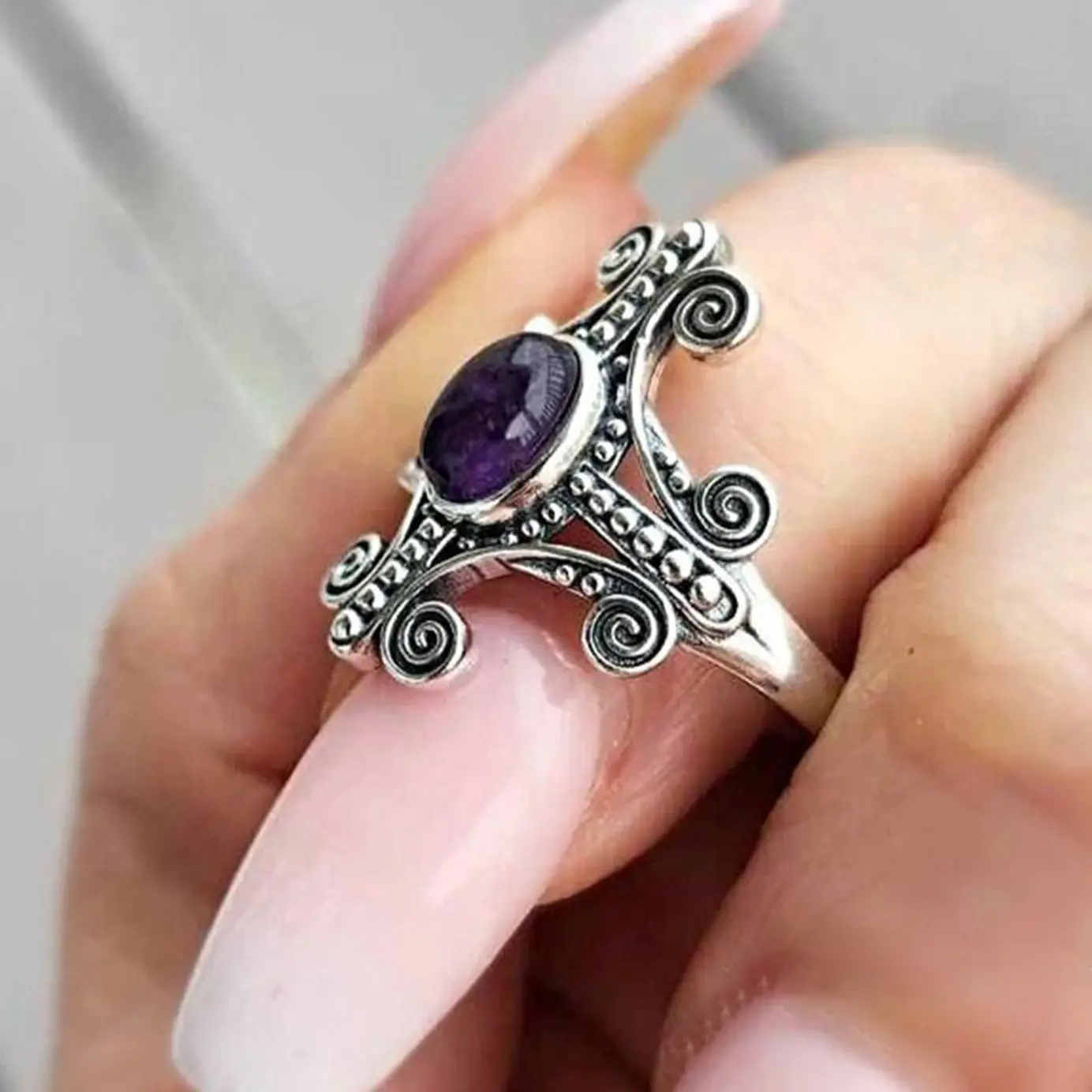 1 Pc Vintage Hollow Cross Amethyst Silver Colour Ring Woman Party Prom Gift Size 6-10 Closed  Ring Jewelry