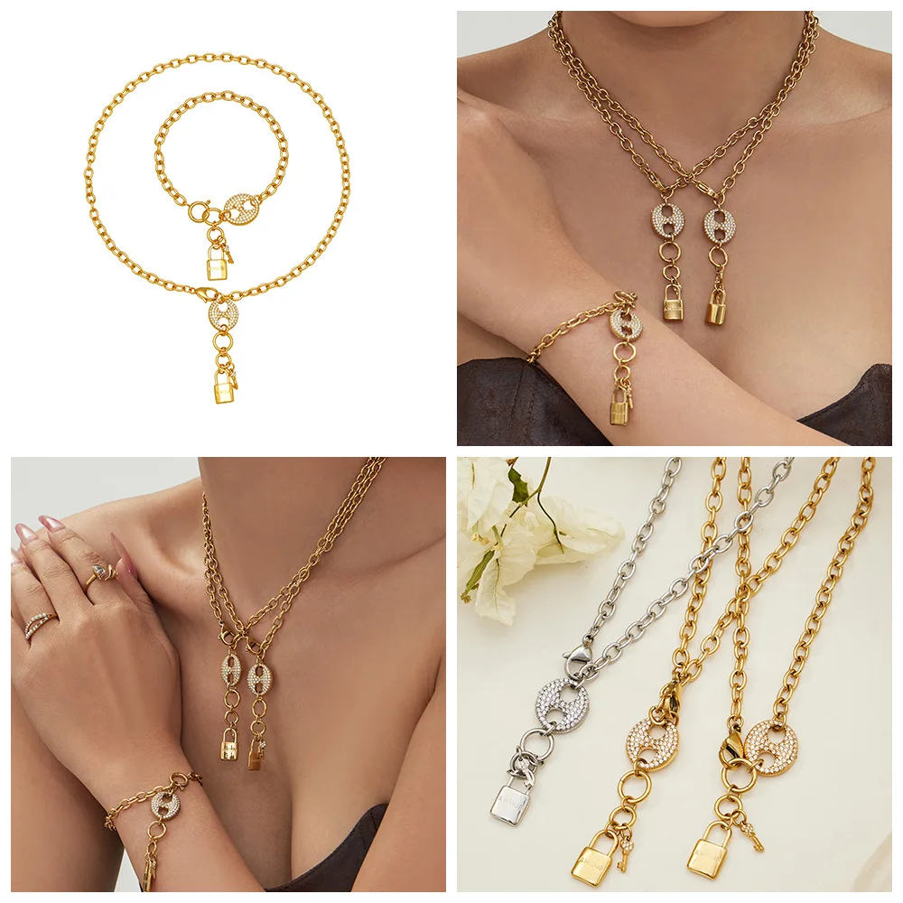 

Couple Matching Necklace and Bracelet Set His and Hers Lock Key with Tassel 18K Gold Plated Stainless Steel Minimalist Love Gift