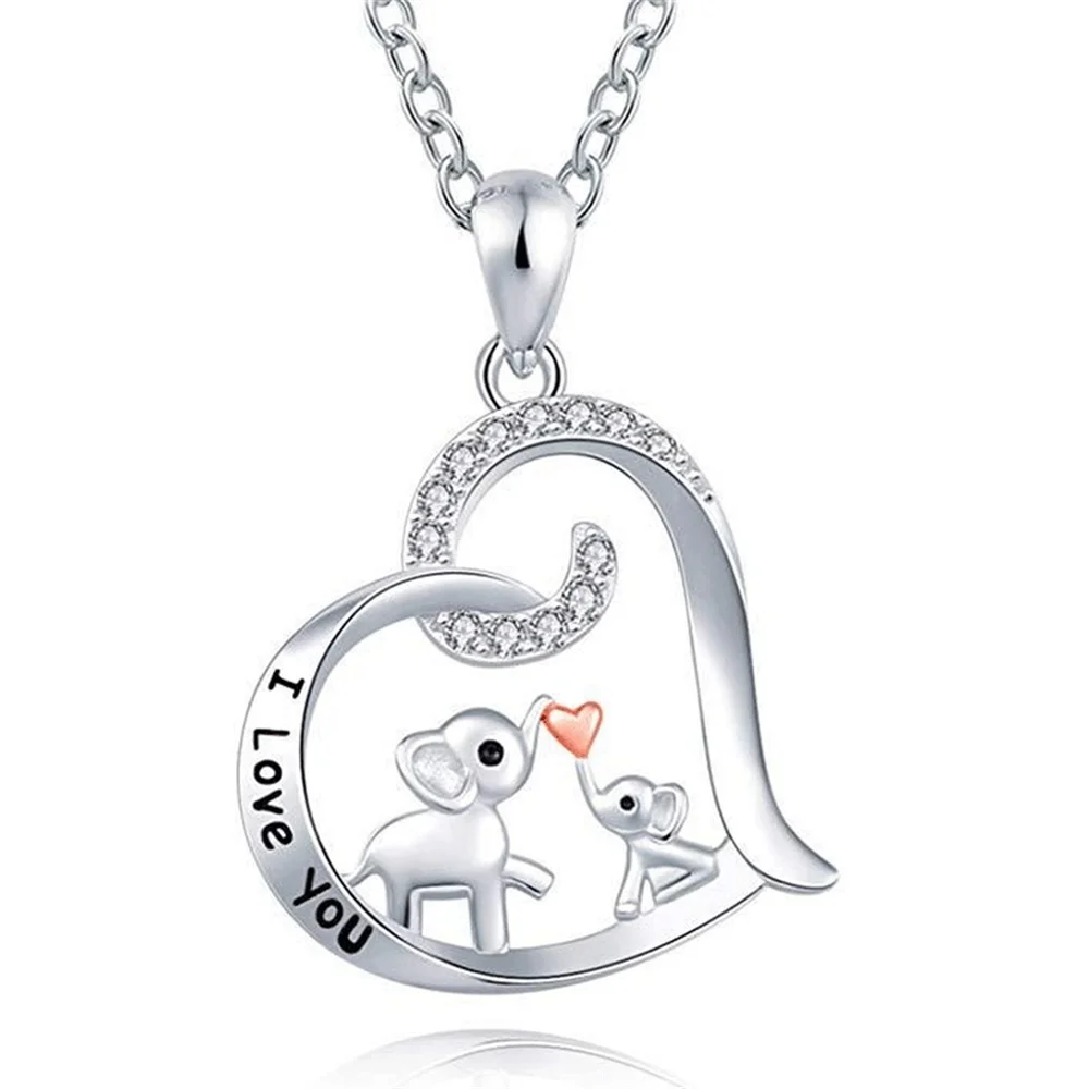 Romantic Heart Little Elephant Kissing Pendant Necklace for Women Mom Crystal Inlaid Zircon Shiny Choker Necklace Fine Jewelry