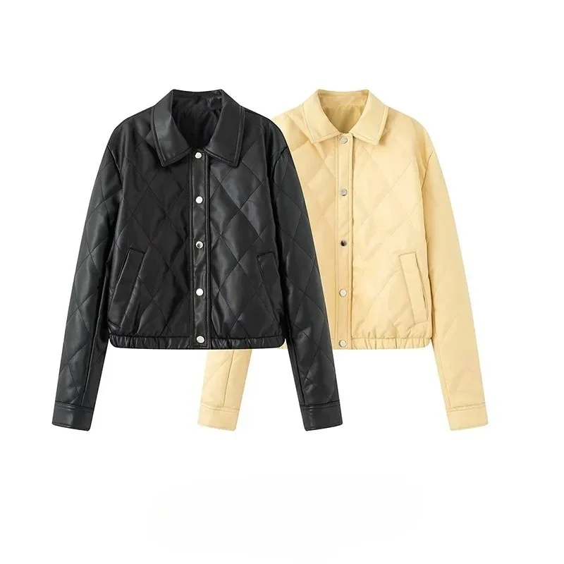 

2025 New Autumn New Faionable ort Quilted PU Cotton Coat for Women French Sle Loose Fit Polyester Fabric Ladies Jaet