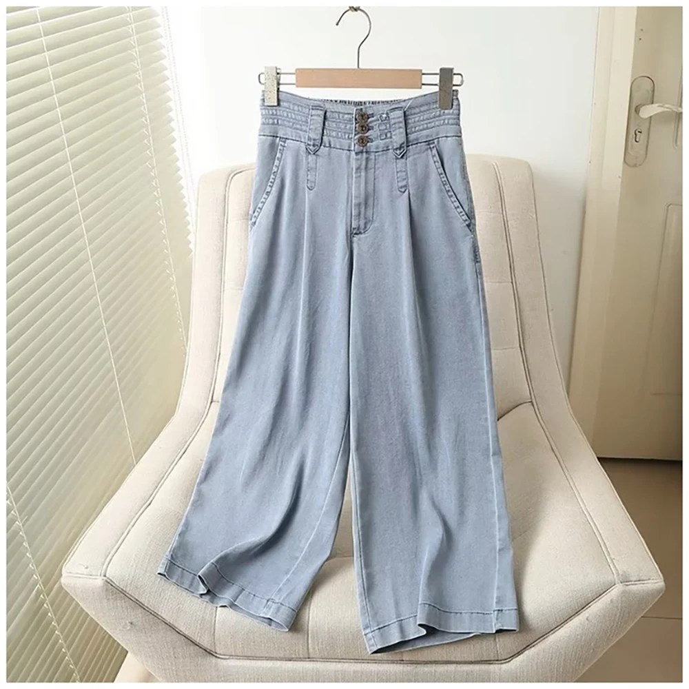 

Women Thin Breathable Ice Silk Jeans 2025 Summer Three Button Elastic Waist Wide Leg Denim Pants Casual Loose Blue Jean Trousers