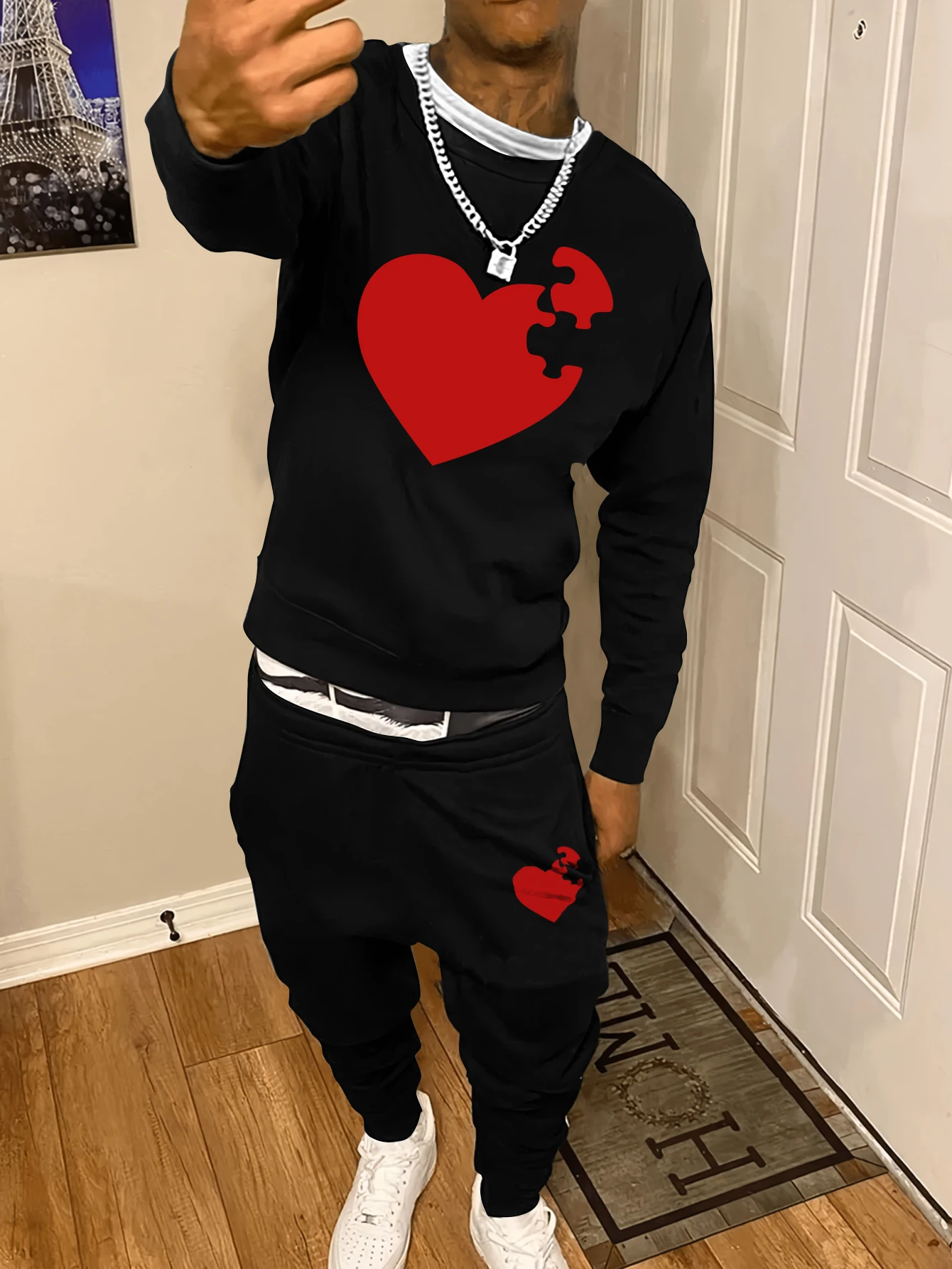 Trendy New Autumn and Winter Sweatshirt Sweatpants Set Men\'s Loose Casual Fit Sweatshirt Printed Long Sleeve Sweatshirt Set