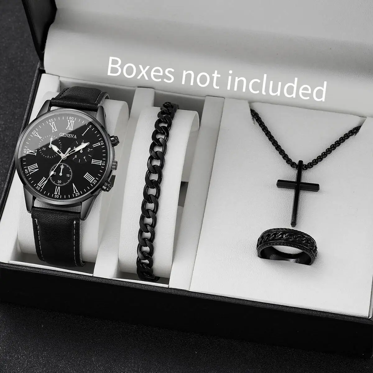 4 개/대 패션 남자 시계 캐주얼 가죽 밴드 아날로그 석영 손목 시계 남자 비즈니스 시계 선물 쥬얼리 세트 (상자 제외)
