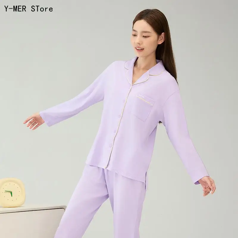 Women Spring Autumn Piece Pajama Set Open Front Solid Color Casual Ladies Home Loungewear Sleepwear Outfit