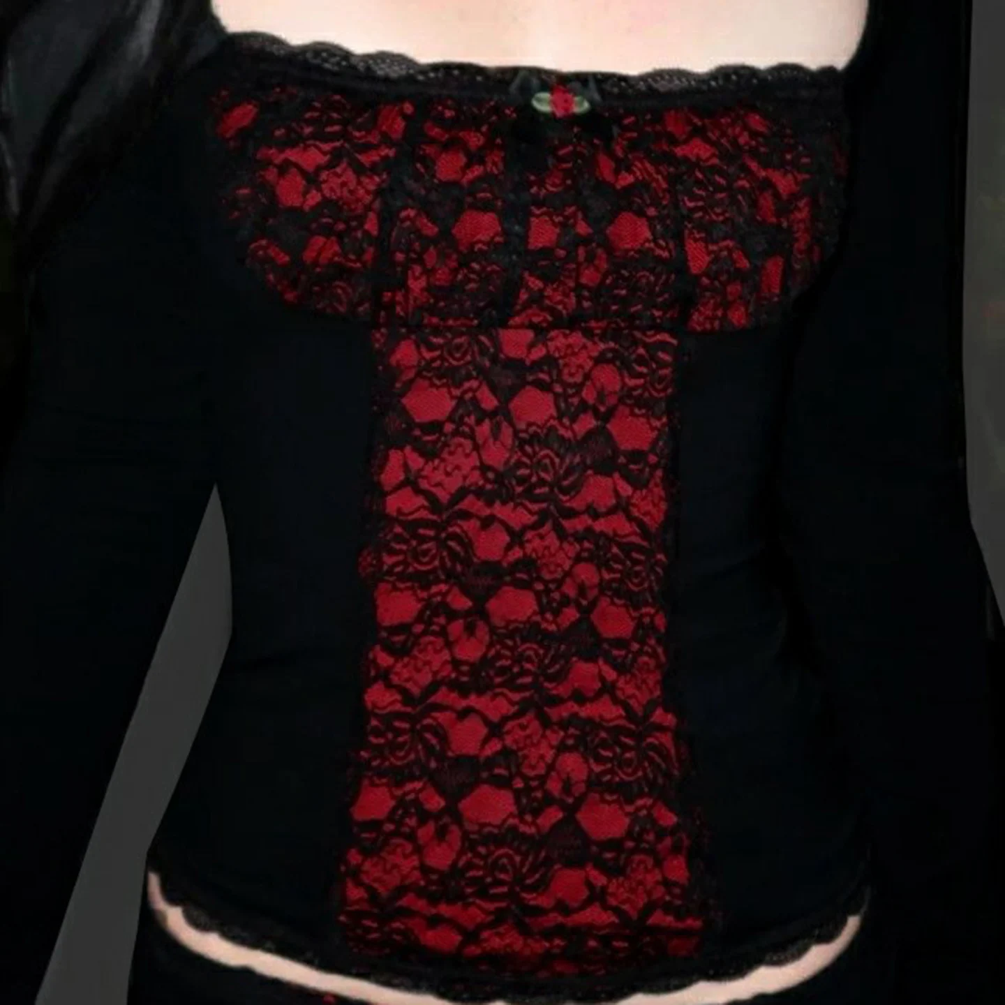 SUCHCUTE Gothic Lace Patchwork Square Neck Long Sleeved T-shirt Sexy For Women Basic Slim Top Y2k Streetwear Shirt Autumn Spring image 4