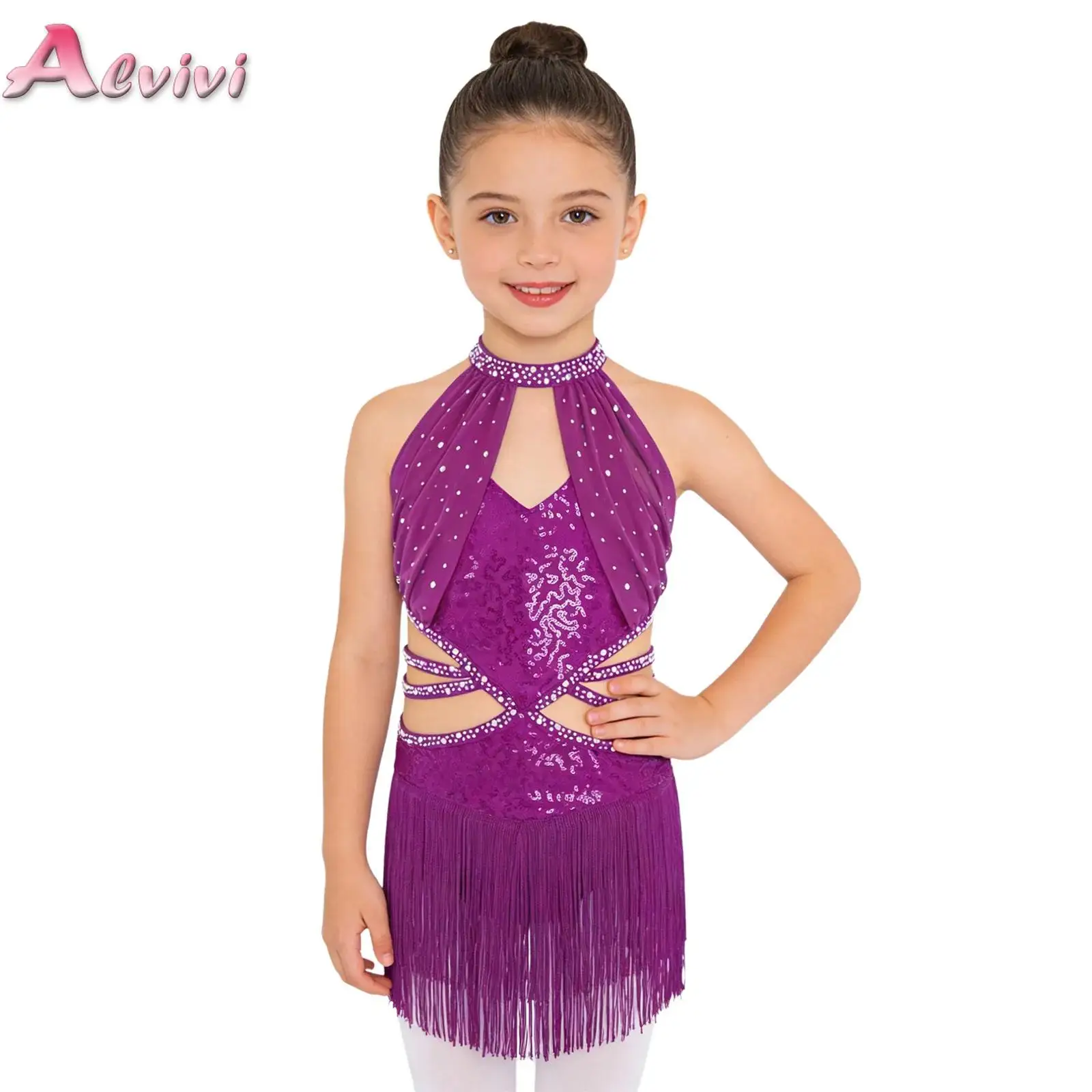 

Детское платье для латиноамериканских танцев для девочек, без рукавов, с драпировкой, сетчатым верхом, вырезами, бретельками, бахромой, блестками, стразами и пайетками, туту-комбинезон