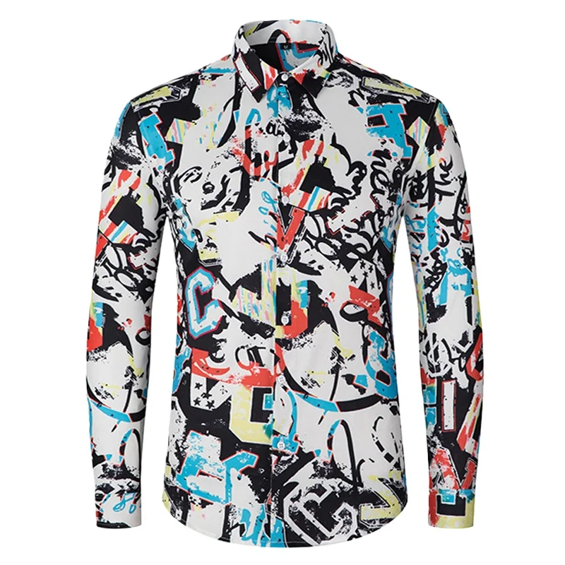 

Мужские рубашки высокого качества Ropa Hip Hop Hombre 2025 Trend Роскошные классические рубашки с длинным рукавом и граффити для вечеринок для мужчин Топы