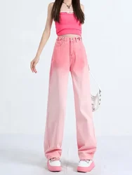 Pantalones rectos de color rosa degradado para mujer, vaqueros de pierna ancha, sección delgada de verano, cintura alta, holgados, con sentido del diseño