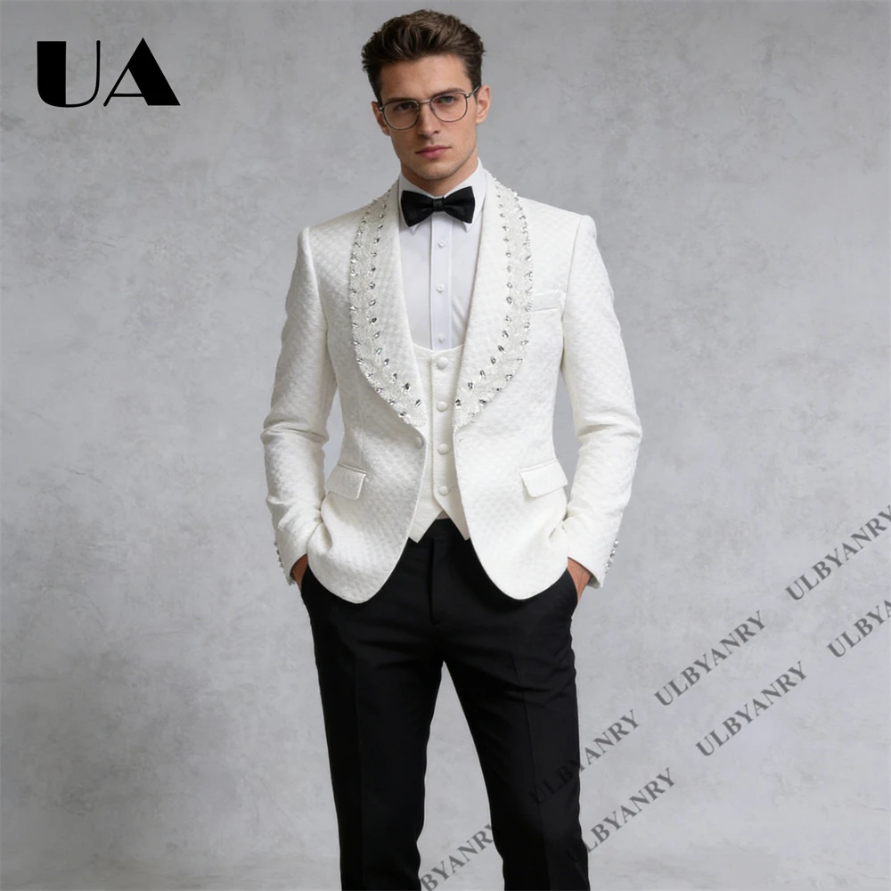 

ULBYANRY Luxury Crystals Embellished Wedding Groom Suits Three Pieces Slim Fitting Groomsman Suits Gala Events Suit Attire