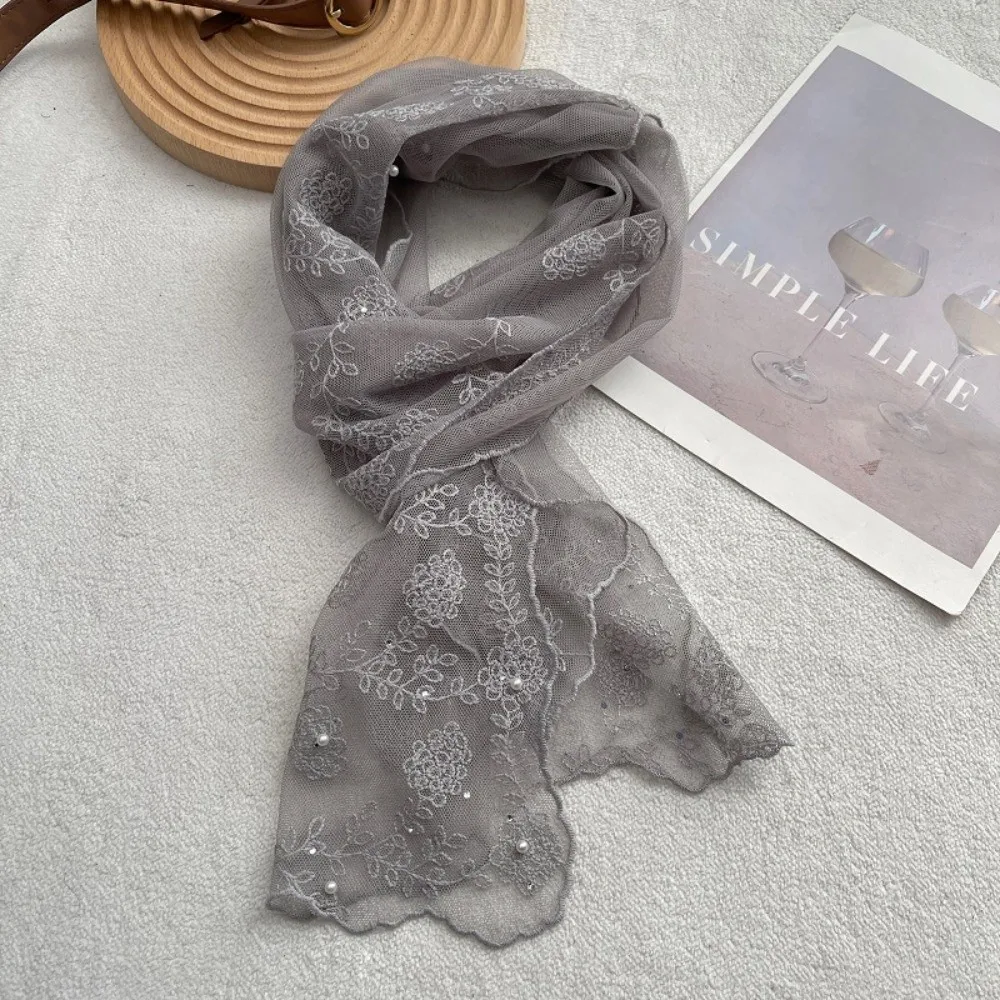 

Retro Lace Long Scarf Pearl Diamond-encrusted Small Flower Headscarf Tide Long Thin Neckerchief Sunscreen Shawl