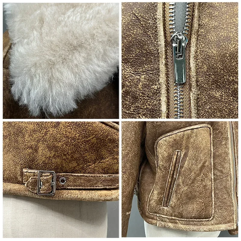 Casacos de couro shearling para mulheres, lã real, pele de cordeiro, pele de carneiro, jaqueta moto, senhora, inverno, 2023