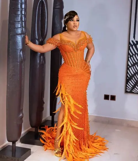 Plus Size African Formal Occasion Dresses Luxury Feathers Beaded Orange Prom Dress Nigerian Aso Ebi Style Party Gown Custom Made