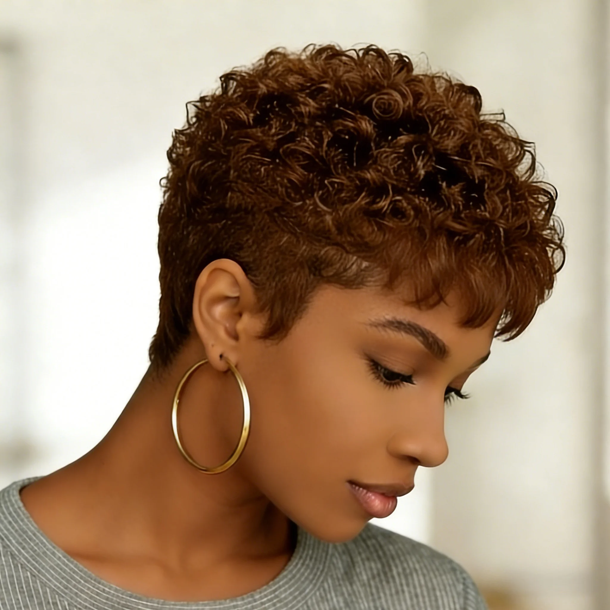 Pixie Cut Wigs Human Hair Short Curly  For Women Natural Black Wine red brown Full Machine Made Wig image 4