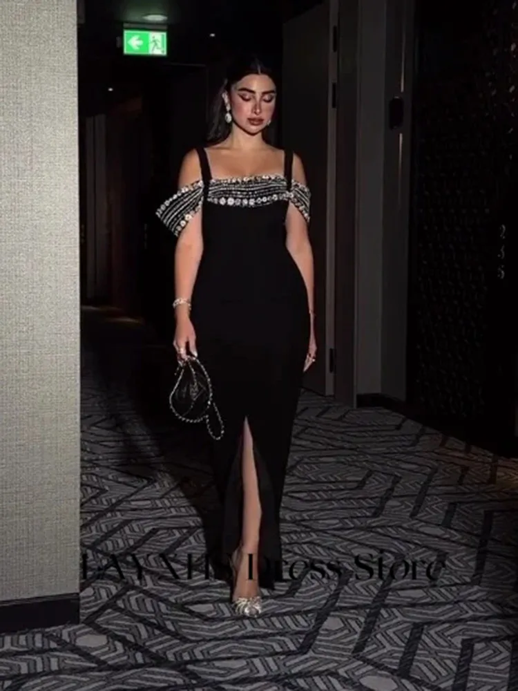 LAYXHS Abiti da sera eleganti a sirena nera con spalle scoperte Abiti da ballo da donna con spacco in rilievo Abiti personalizzati فساتmaveraات