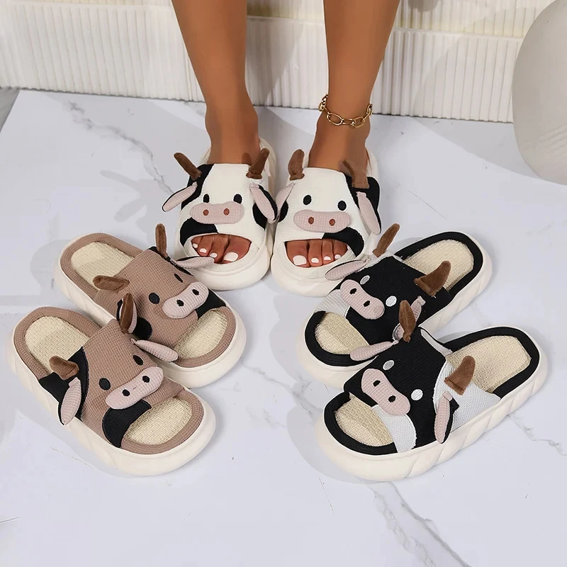 Casual Platform Slippers Women Home Cute Cow Cartoon Designer Shoes Girls 2024 Linen Fashion Chic Elegant House Slipper Big Size