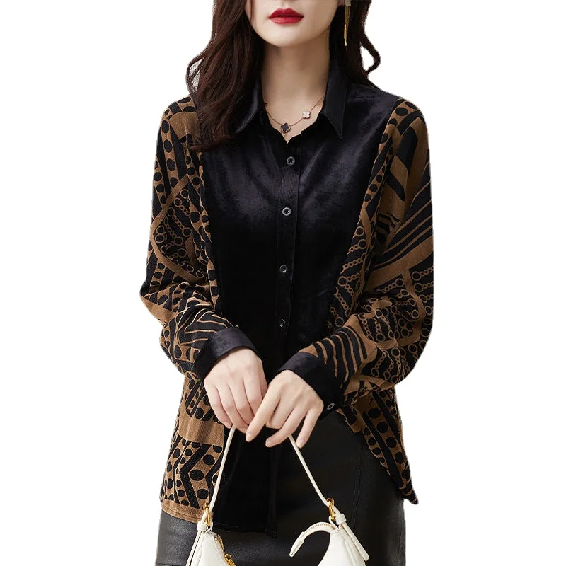 

Polo collar shirt women's design sense large size women's clothing 2022 new stitching loose printing spring and autumn top trend