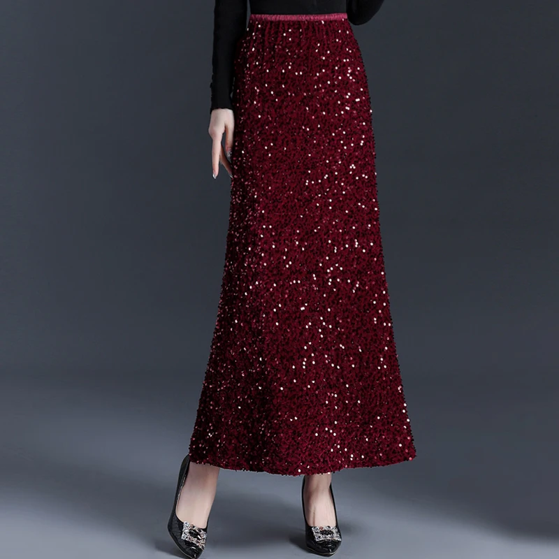 Spring Fall Women High Waisted Sequined Wine Red Black Sliver Long Mermaid Skirts , Woman Bling Bling Glitters Trumpet Skirt