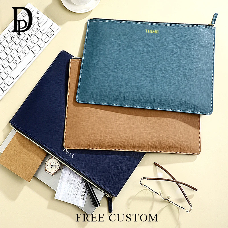 Custom Name Large Capacity Document Bag PU Leather Business Office Portable A4 Paper File Bag Waterproof Zip Storage Bag Pouch