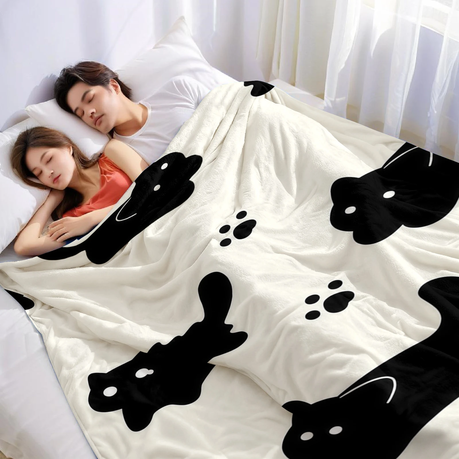 Minimal Black Cat Lightweight Microfiber Flannel Blanket Soft Warm Cozy Throw All Season for Bed Sofa Office Travel Gift