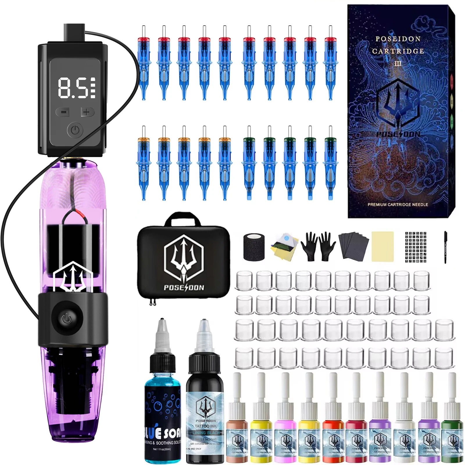 

Tattoo Kit POSEIDON Hot Purple Tattoo Pen Kit For Permanent Makeup Tattoo Machine Finger controlled Power Supply Tattoo Gun Kit