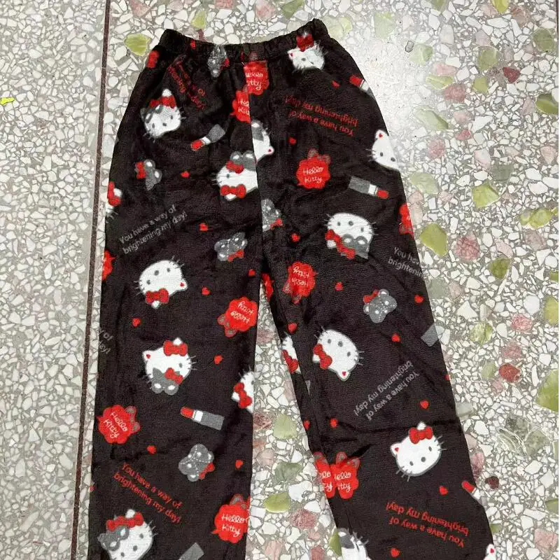 

Спальные штаны для девочек на Хэллоуин, повседневные штаны с милым котом «Hello Kitty», каваи, осень-зима, свободная толстая теплая верхняя одежда, домашние штаны
