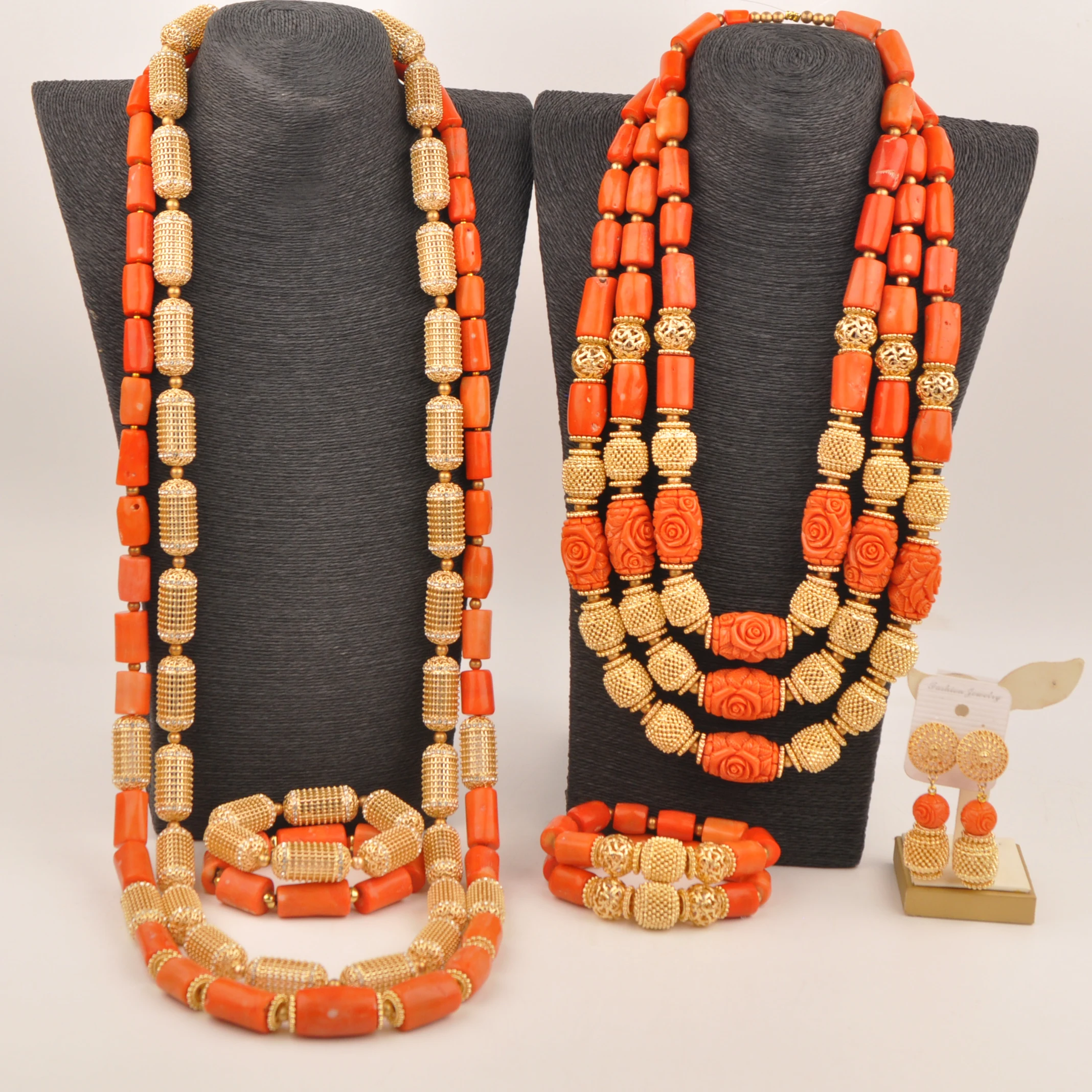 Fashion African Wedding Coral Beads Jewelry Set Nigerian Couple Jewellery Necklaces