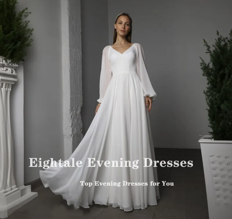 Eightale Arabic Wedding Dresses Customized V-Neck A-Line Long Sleeve Ivory Chiffon Beach Bridal Gown Vestidos De Novia