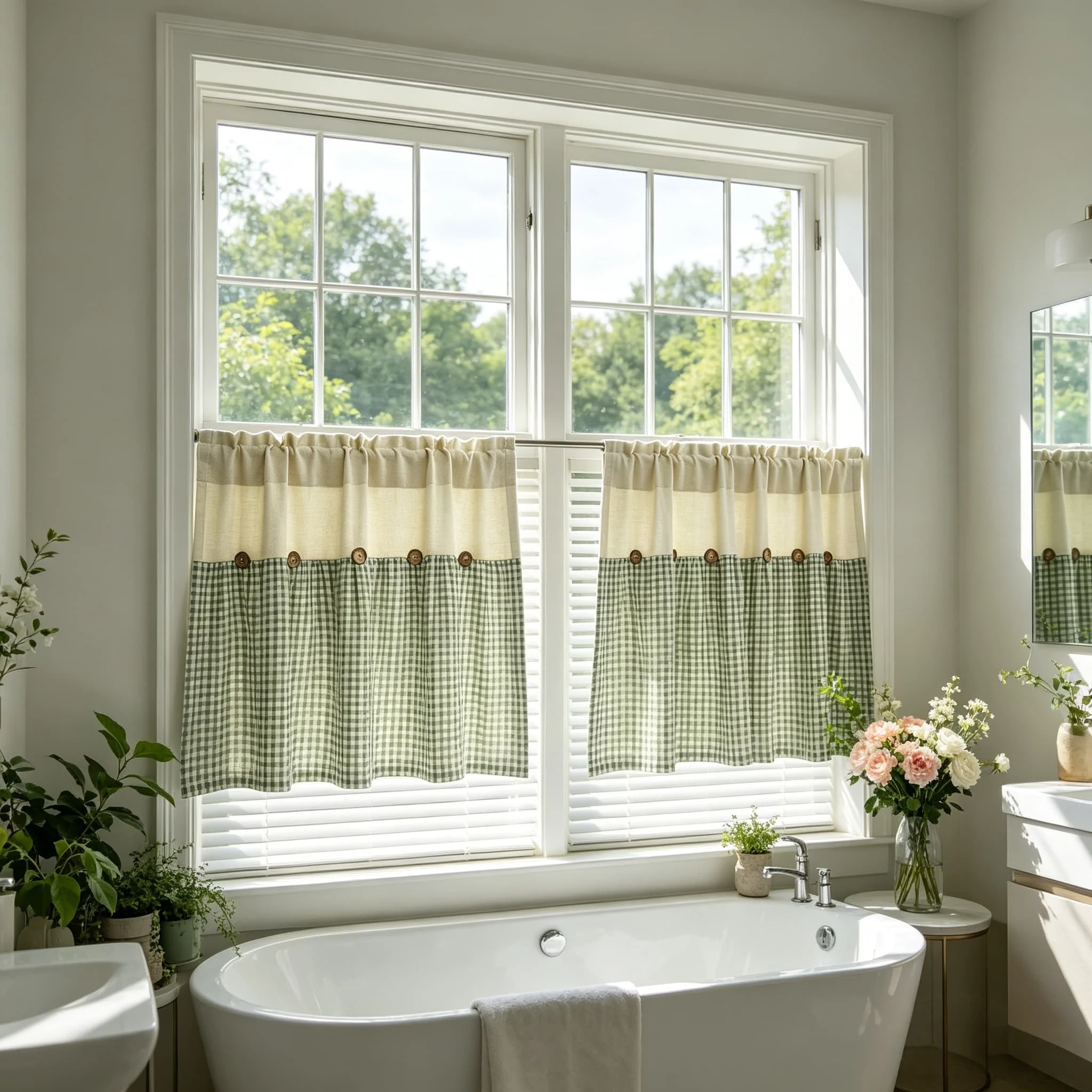 Rustic Farmhouse-Style Vintage-Print Two-Tone Plaid Green Short Curtain,With Button-Up Design Half Curtians For Windows,Kitchens