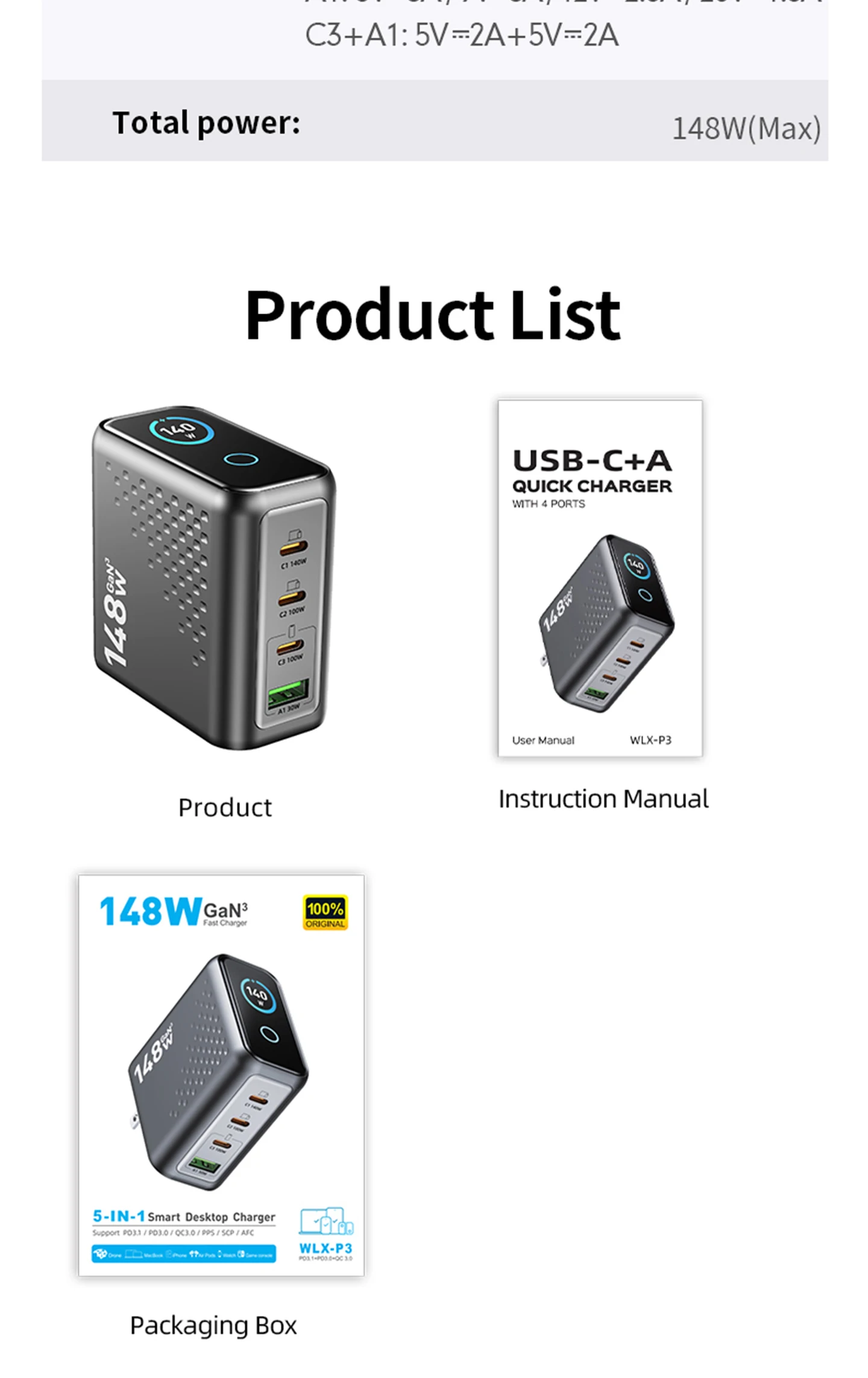 148W GaN Wandmontiertes Multi-Port-Ladegerät mit Display, 4 USB-C und 1 USB-A Schnellladeadapter für Handys und Tablets – Detail 3
