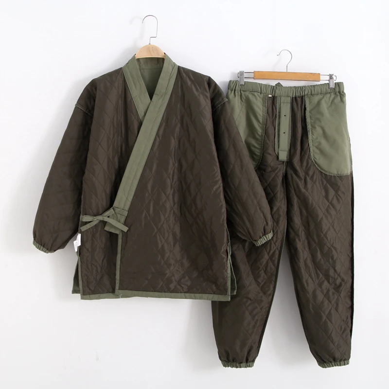 

Men's Quilted Cotton Long Sleeve Pants Kimono Thick Work Clothes Set Autumn And Winter Japanese cotton-coated Home Wear