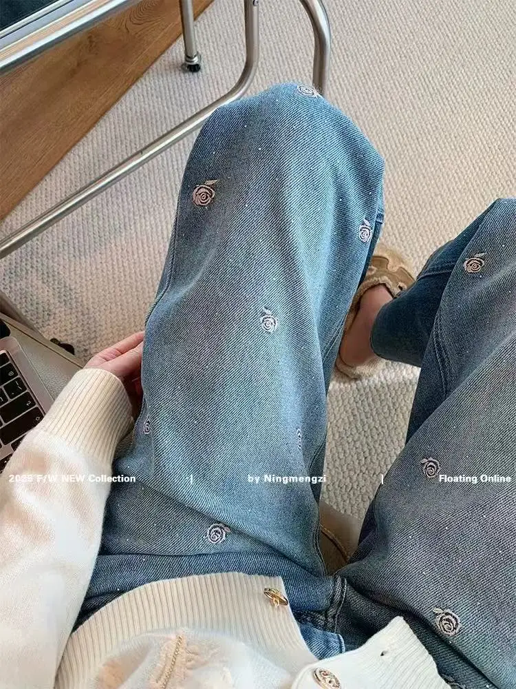 

Женские джинсы с высокой талией, широкие брюки, джинсовые потертые винтажные брюки с карманами до щиколотки, брюки на молнии с вышивкой и бриллиантами