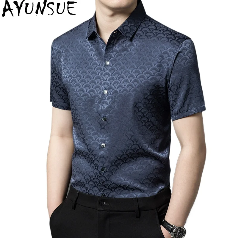 AYUNSUE 92% Real Mulberry Silk Shirts for Man Clothes High Quality Short Sleeve Shirt 2026 Summer Tops Casual Fashion Shirt Men