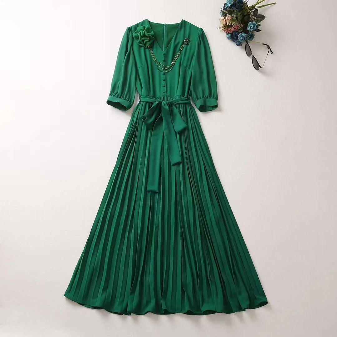 

European and American women's clothes 2023 spring new Five-point sleeve V-neck pinned beaded floral Pleated Dress Green XXL