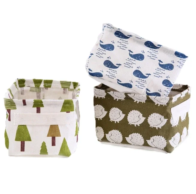 

Small Foldable Canvas Storage Basket With Handle Cotton And Linen Desktop Storage Box Small Fresh Waterproof Storage Basket 1PC