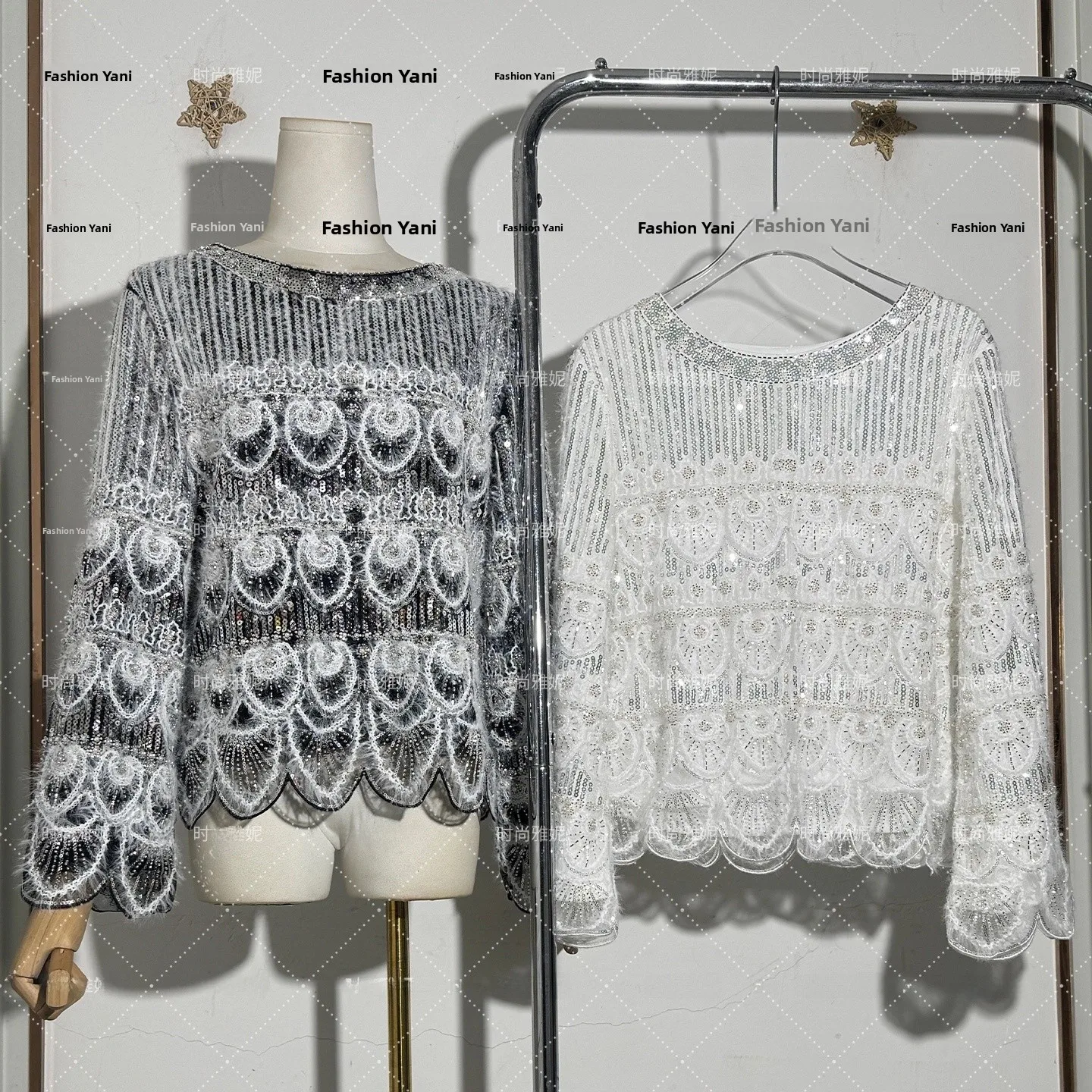 

Модный женский топ с длинным рукавом и круглым вырезом, роскошный, расшитый бисером и жемчугом, новинка, новое поступление