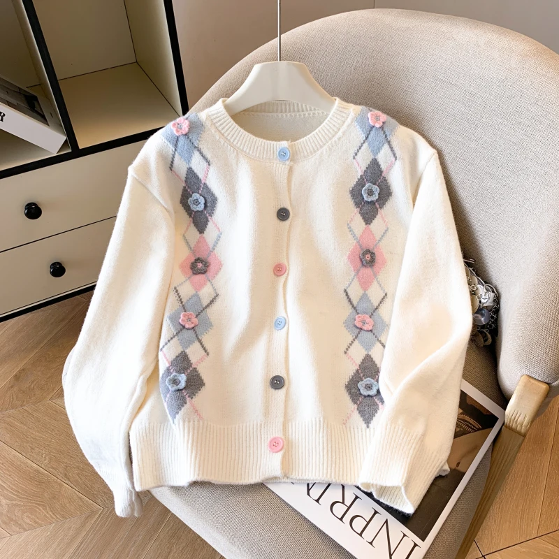Women's White O-Neck Checked Cardigan Sweater Harajuku Vintage 2000s Y2k Long Sleeve Soft Cozy Knitwear Cashmere Sweater Autumn