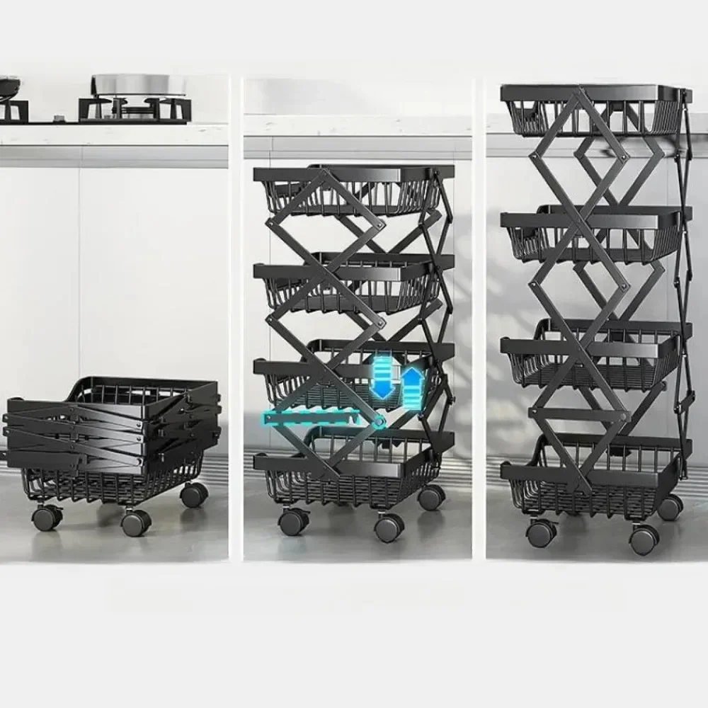 Kitchen Fruit Basket Crevice Vegetable Storage Carts Movable Floor-Mounted Shelf Folding Rack Multi-Layer Stackable Trolley Cart